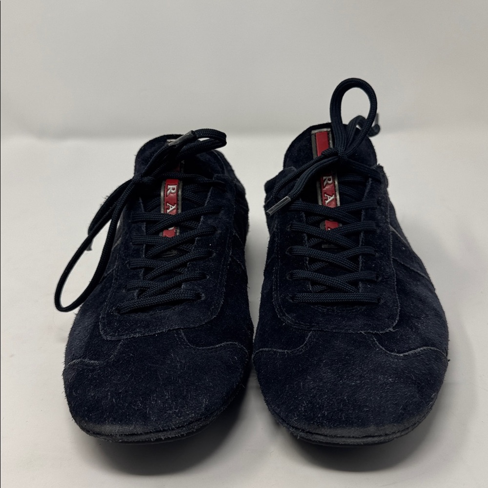 Prada Navy Suede Lace-Up Sneakers.